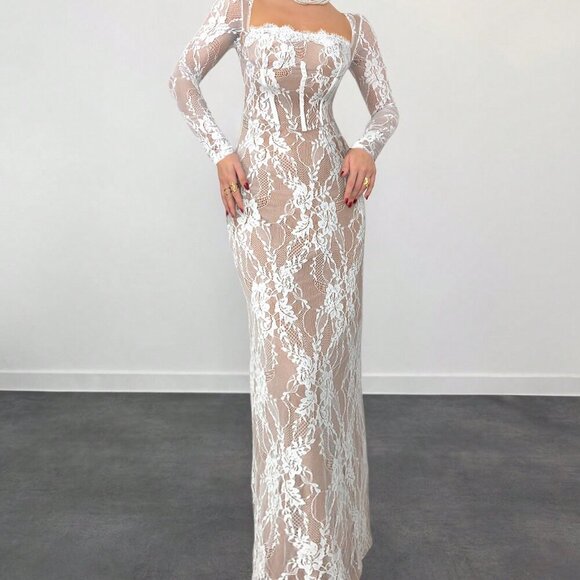 White Casual Women's Sexy S-Shape Lace Long Sleeve Cupped Bustier Tight Fitting - Picture 5 of 5